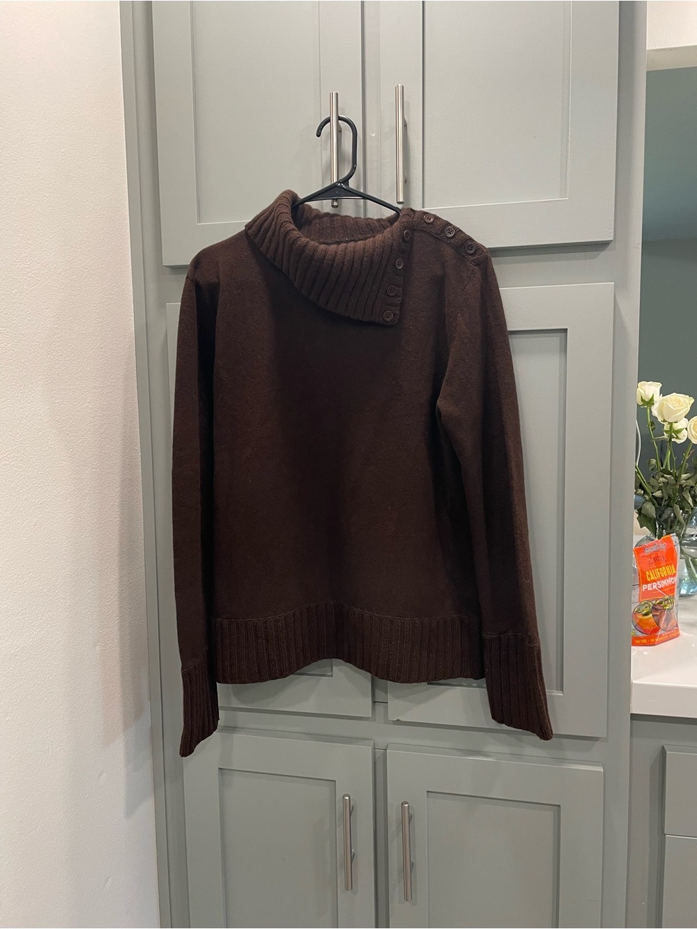 Jones New cashmere York Dark Brown Button-Shoulder Cowl Sweater